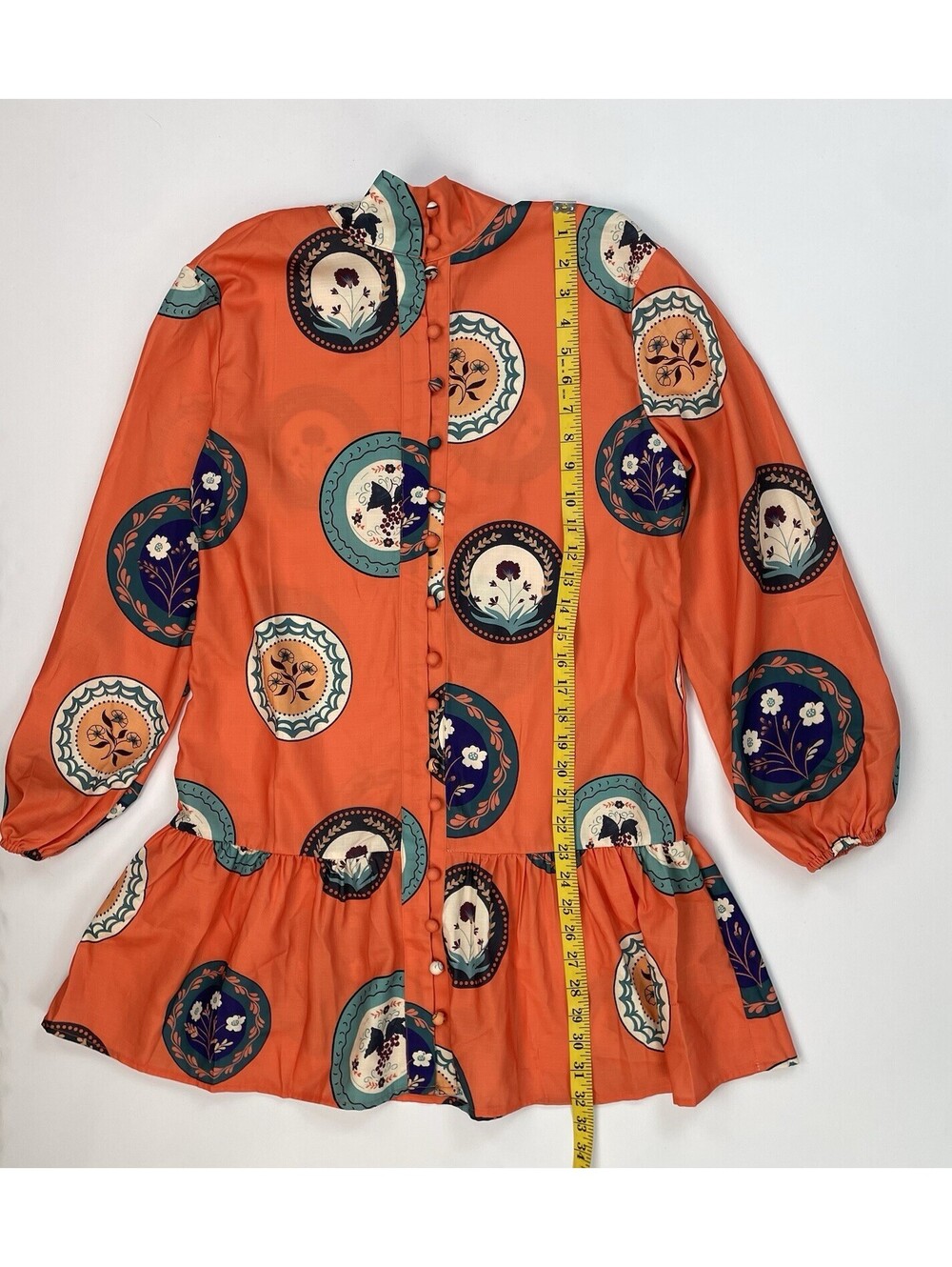 Amina Glam Orange Print Mini Dress 6 Long Sleeve Belted Flounce Hem Button Front - Picture 5 of 8